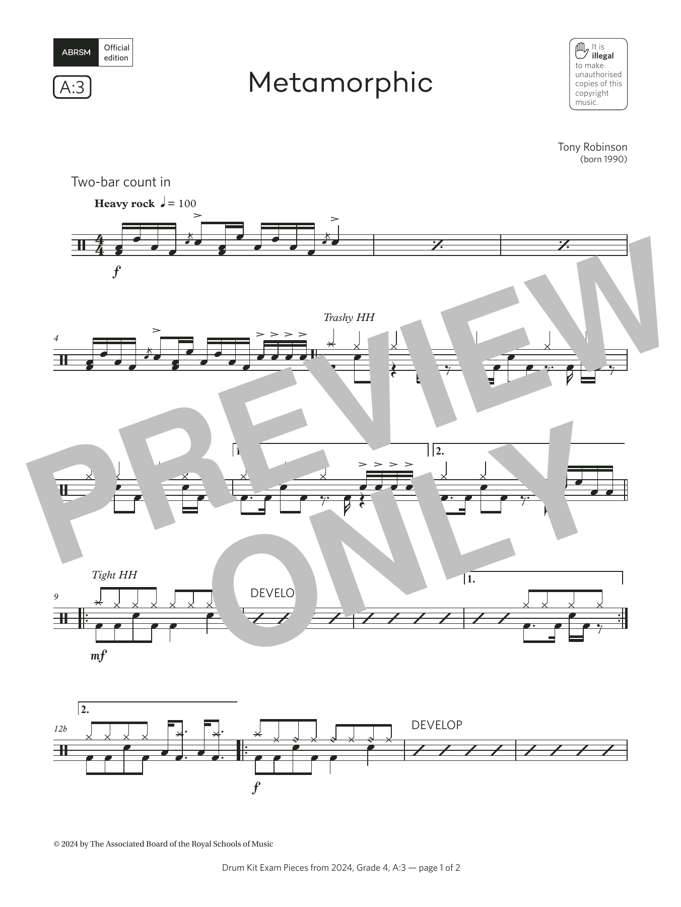 Product gallery: Page 1 of 1 Metamorphic (Grade 4, list A3, from the ABRSM Drum Kit Syllabus 2024), Tony Robinson