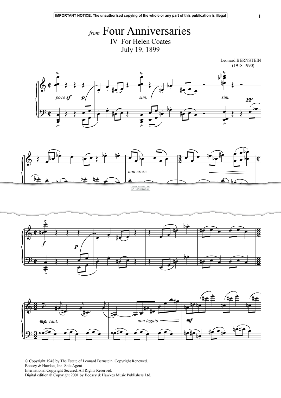 Produktgalerie: Seite 1 von 1 IV For Helen Coates, July 19, 1899, from Four Anniversaries, Leonard Bernstein, Klavier