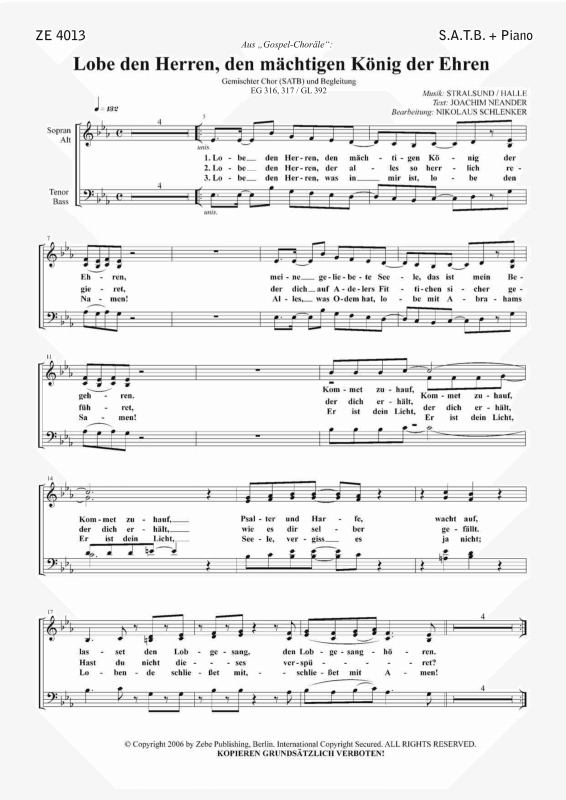gallery: Lobe den Herren, den mächtigen König der Ehren EG 316, 317 / GL 392, , Gemischter Chor und Klavier