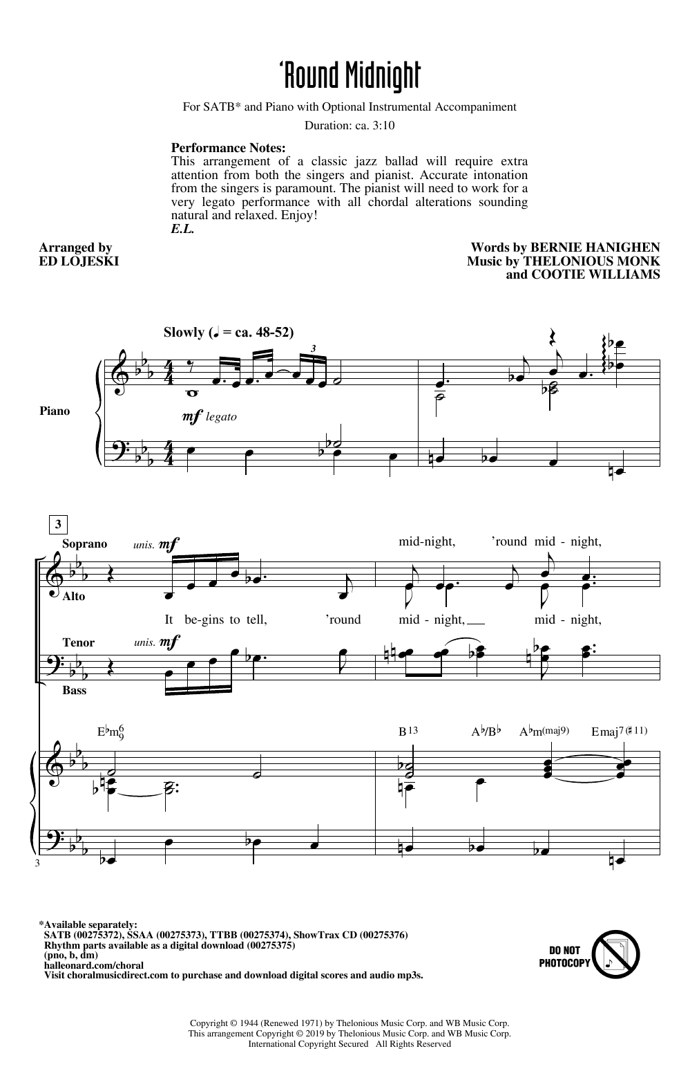 Product gallery: Page 1 of 1 'Round Midnight (arr. Ed Lojeski), Thelonious Monk