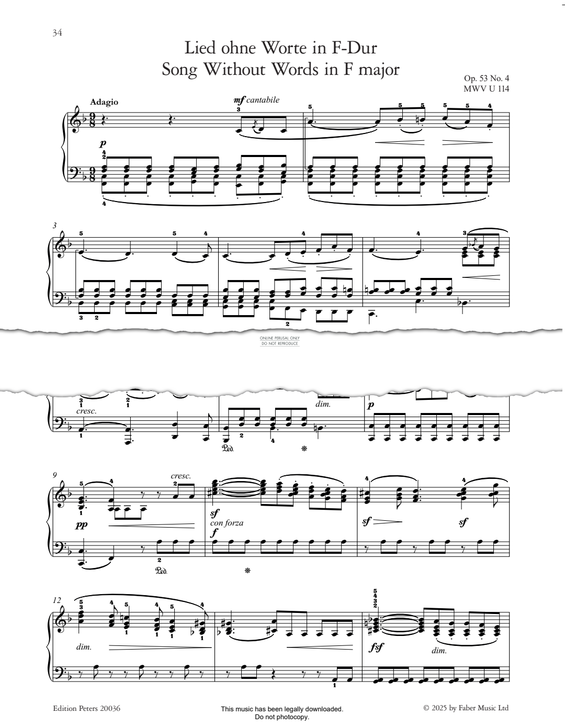 Produktgalerie: Seite 1 von 1 Song Without Words in F Major Op.53, No.4, Felix Mendelssohn, Klavier