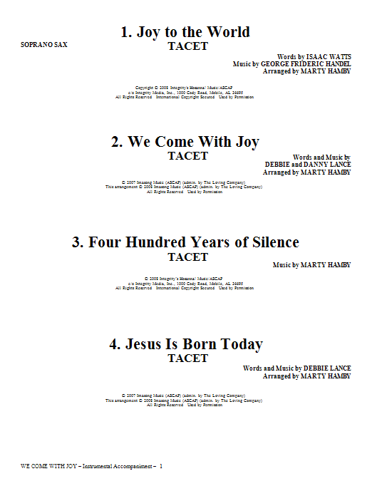 Product gallery: Page 1 of 1 We Come With Joy Orchestration - Soprano Sax, Marty Hamby