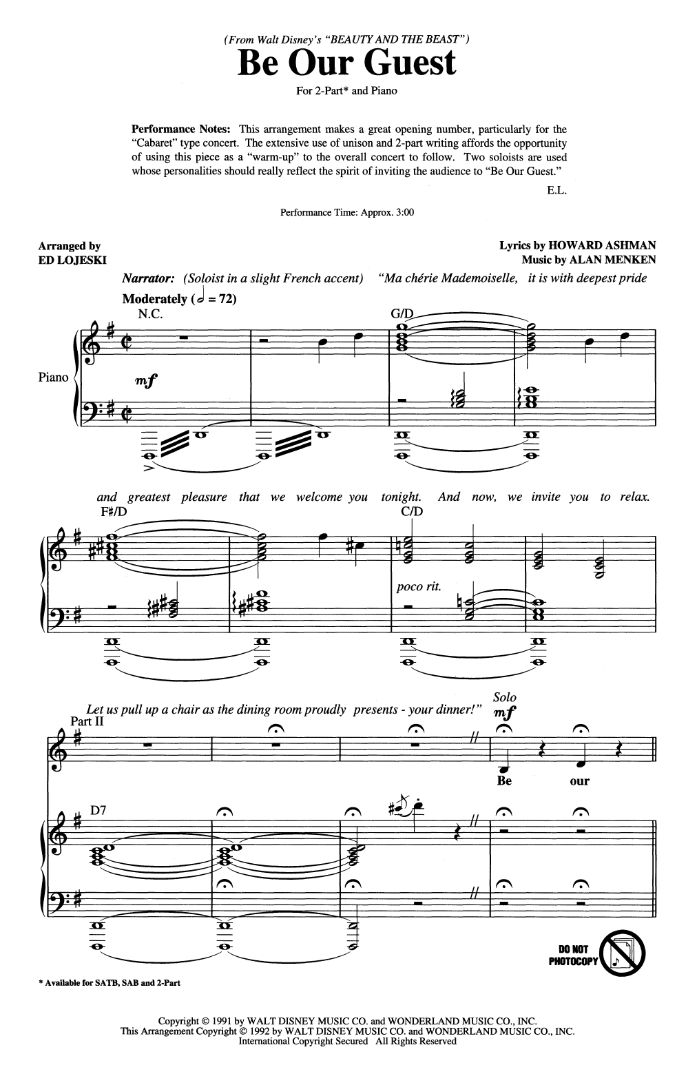 Produktbild zu: Be Our Guest (from Beauty And The Beast) (arr. Ed Lojeski)