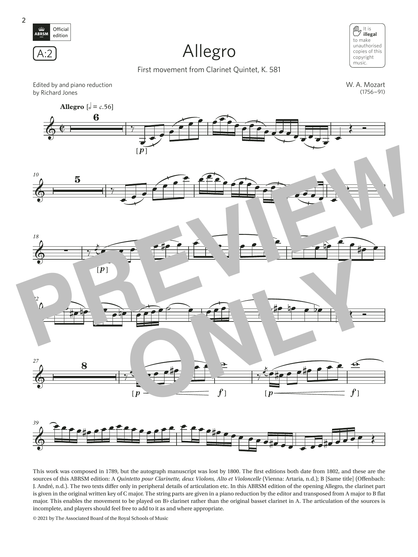 Product gallery: Page 1 of 1 Allegro (from Clarinet Quintet, K.581) (Grade 7 List A2 from the ABRSM Clarinet syllabus from 2022), Wolfgang Amadeus Mozart