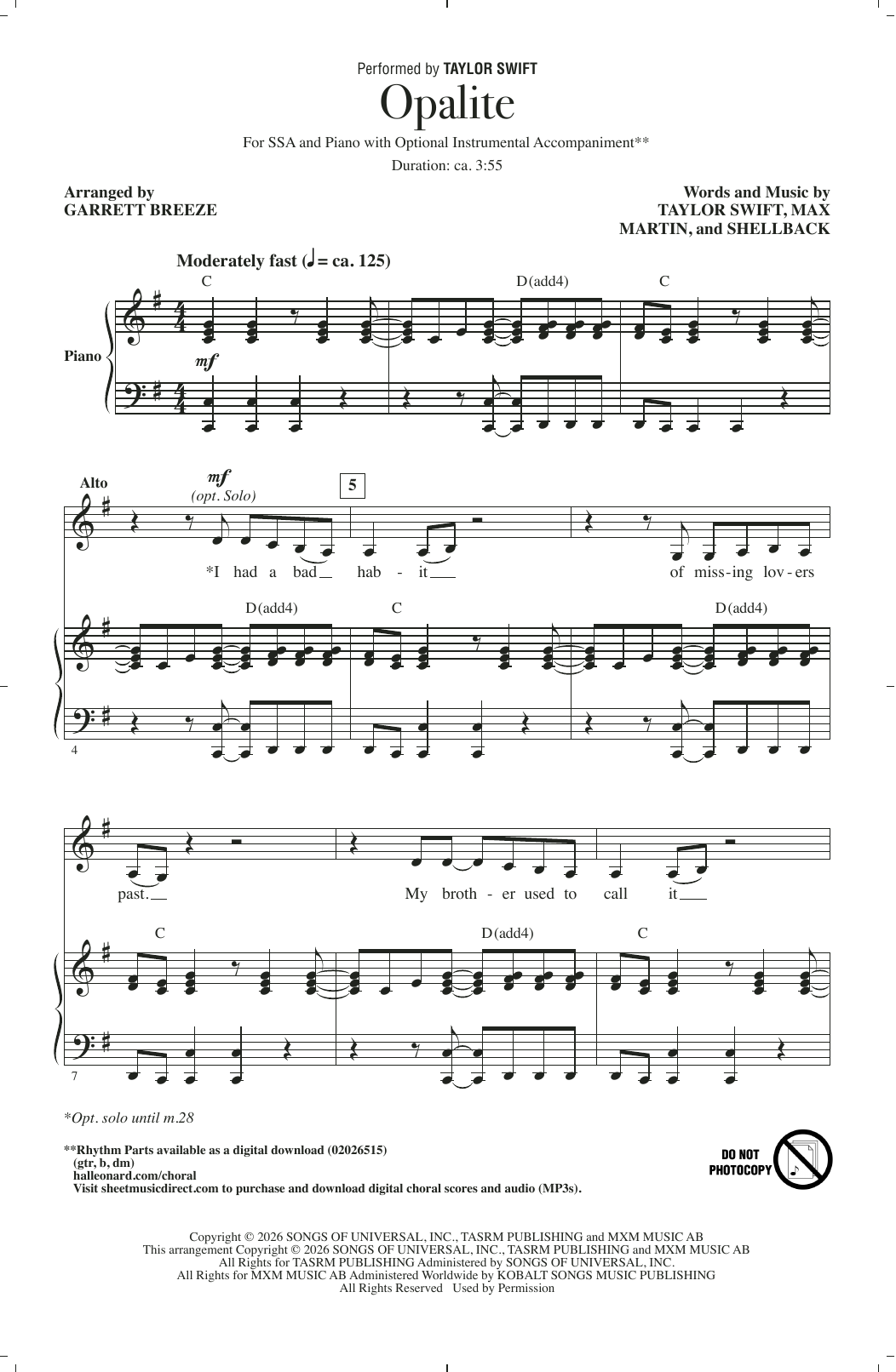 Produktgalerie: Seite 1 von 1 Opalite (arr. Garrett Breeze), Taylor Swift, Chor