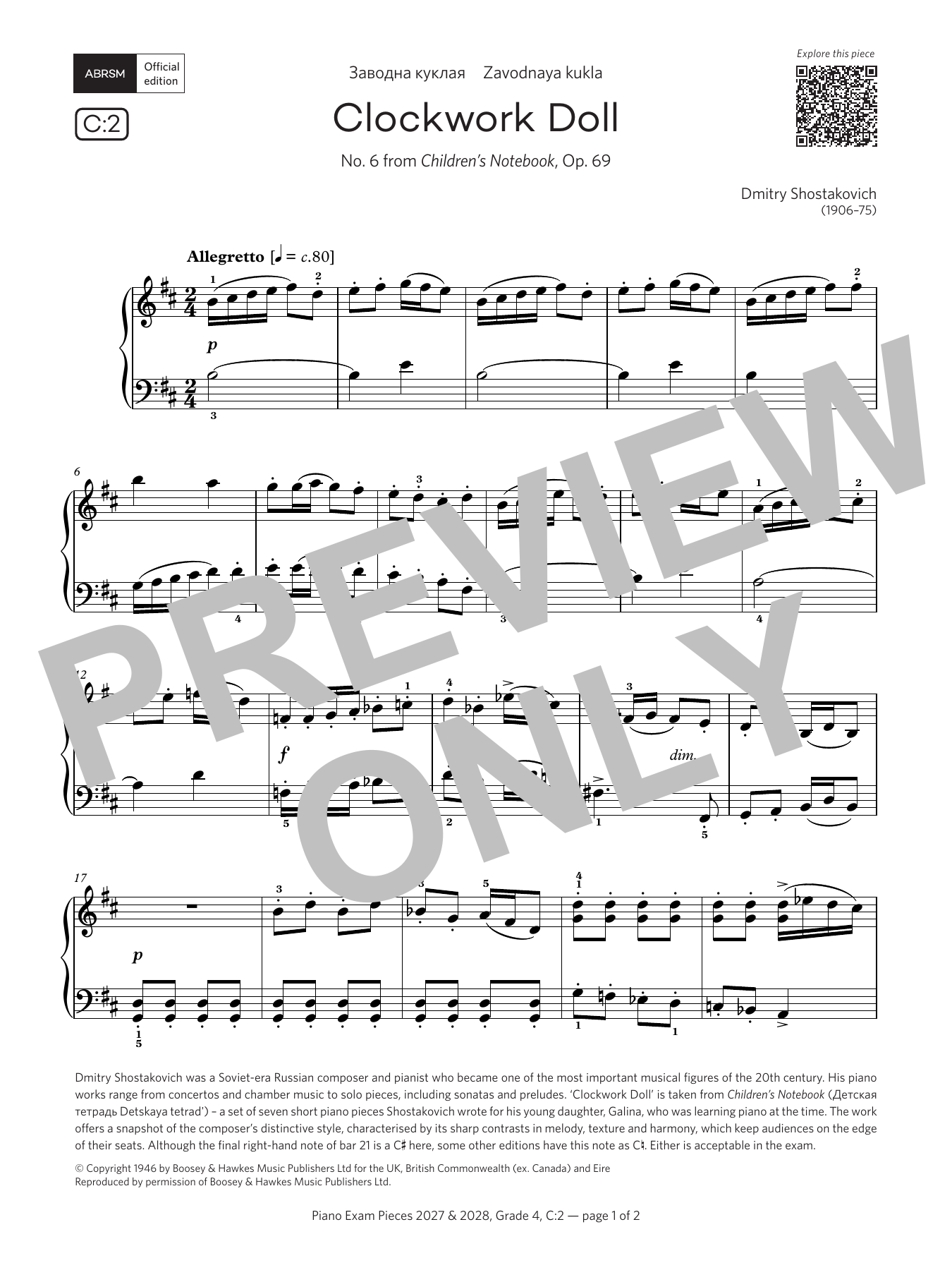 Product gallery: Page 1 of 1 Clockwork Doll (Grade 4, list C2, from the ABRSM Piano Syllabus 2027 & 2028), Dmitry Shostakovich