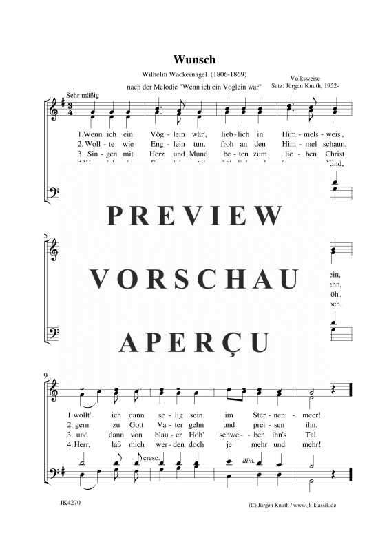 Wunsch (nach der Melodie Wenn ich ein Vöglein wär)