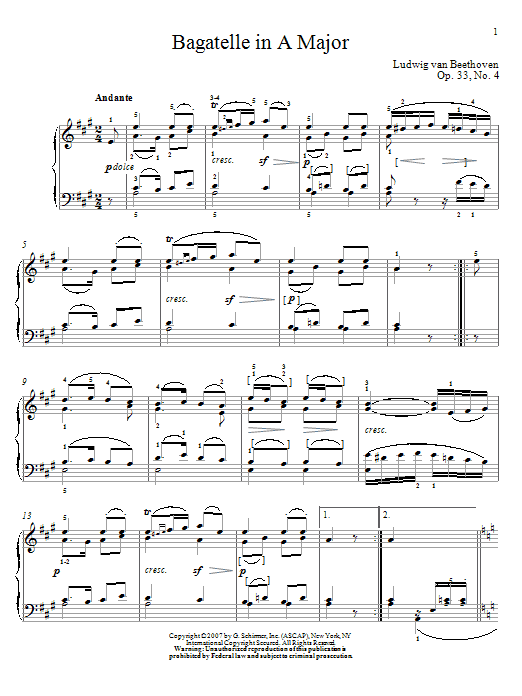 Product gallery: Page 1 of 1 Bagatelle In A Major, Op. 33, No. 4, Ludwig Van Beethoven