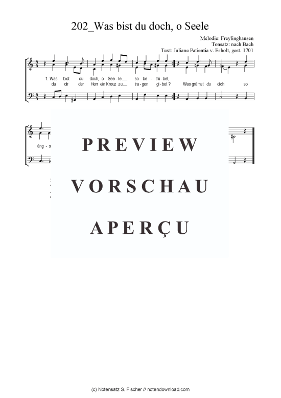 Product picture to: Was bist du doch, o Seele Freylinghausen Tonsatz: nach Bach / Juliane Patientia v. Esholt, gest. 1701