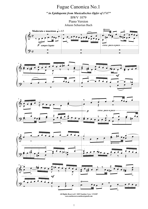 Produktbild zu: Fuge Canonica No.1 in Epidiapente BWV 1079 - Piano VersionJohann Sebastian Bach