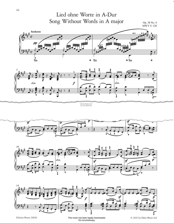 Produktgalerie: Seite 1 von 1 Song Without Words in A Major Op.38, No.4, Felix Mendelssohn, Klavier