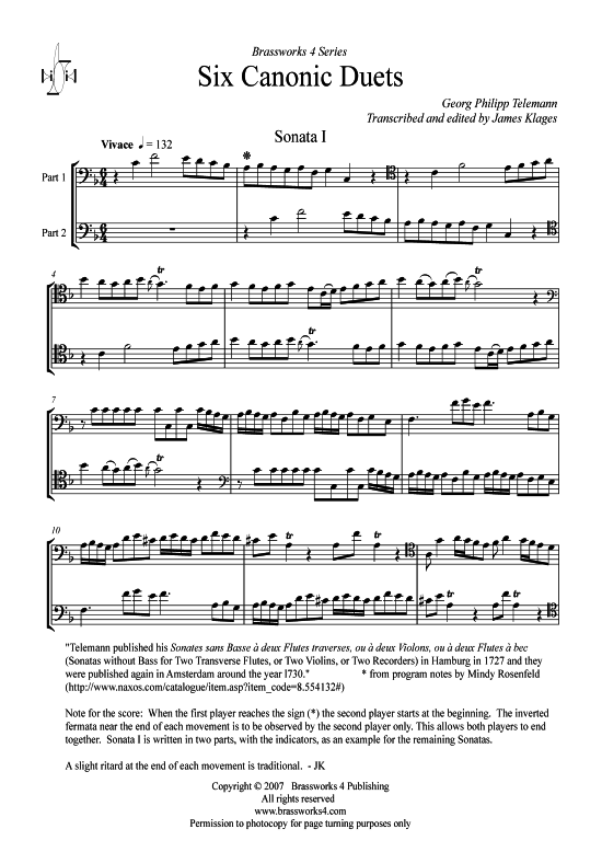 Product picture to: 6 Canonic Duets Georg Philipp Telemann