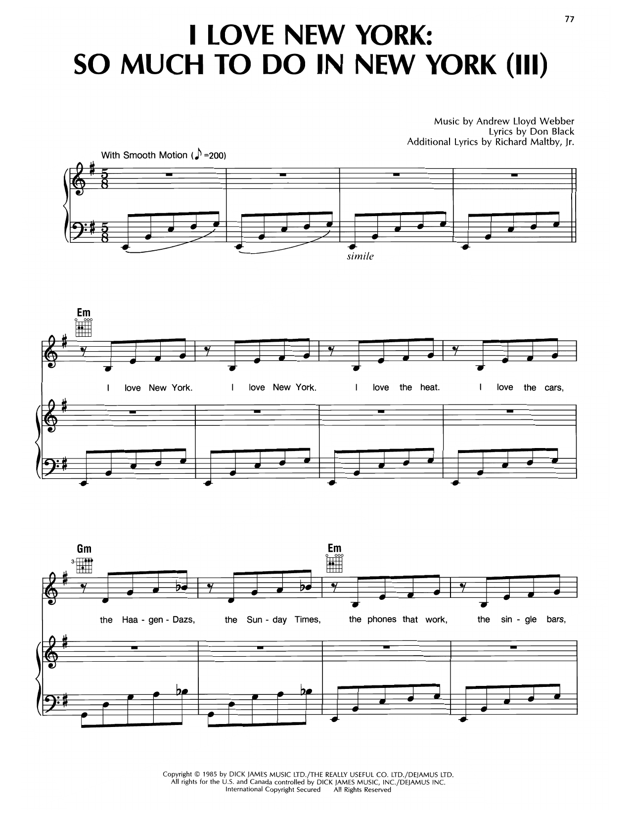 Produktgalerie: Seite 1 von 1 I Love New York / So Much To Do In New York (from Song & Dance), Andrew Lloyd Webber, Gesang, Gitarre, Klavier