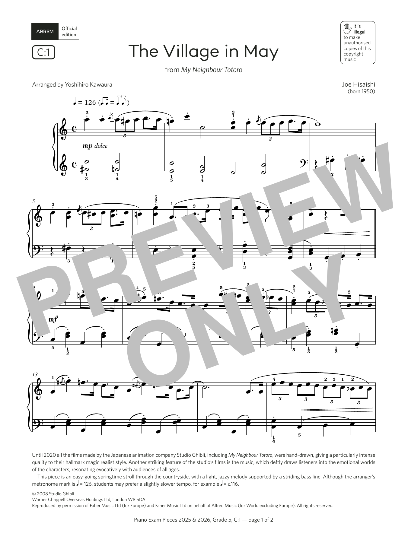 Product gallery: Page 1 of 1 The Village in May (Grade 5, list C1, from the ABRSM Piano Syllabus 2025 & 2026), Joe Hisaishi