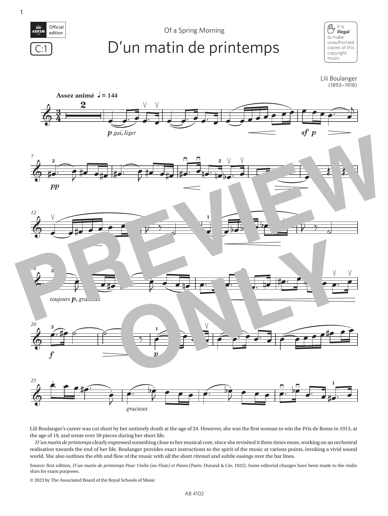Product gallery: Page 1 of 1 D'un matin de printemps (Grade 8, C1, from the ABRSM Violin Syllabus from 2024), Lili Boulanger
