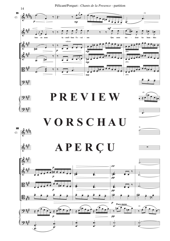 Product gallery: Page 17 of 21 Chants de la Présence , , (Mixed ensemble for soprano, clarinet in Bb + string quartet, piano)