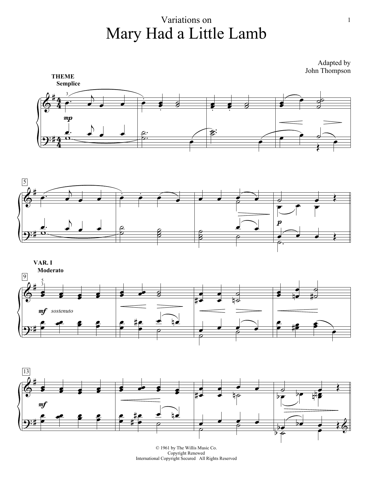 Produktgalerie: Seite 1 von 1 Variations On Mary Had A Little Lamb, John Thompson, Klavier