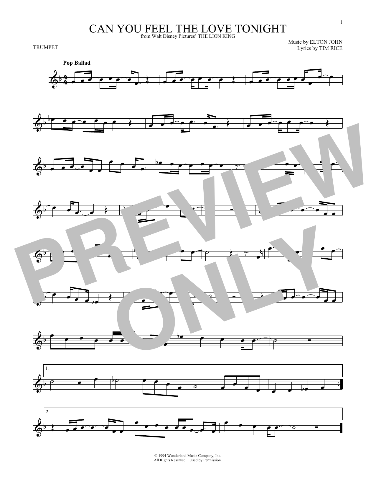 Produktgalerie: Seite 1 von 1 Can You Feel The Love Tonight (from The Lion King), Elton John, Trompete