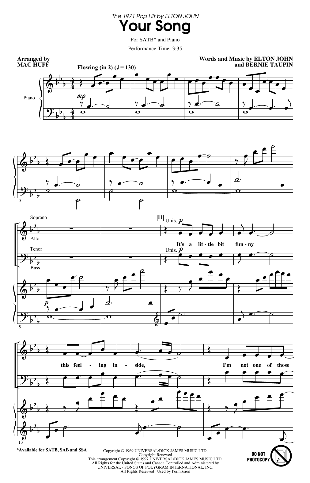Product picture to: Your Song (arr. Mac Huff)