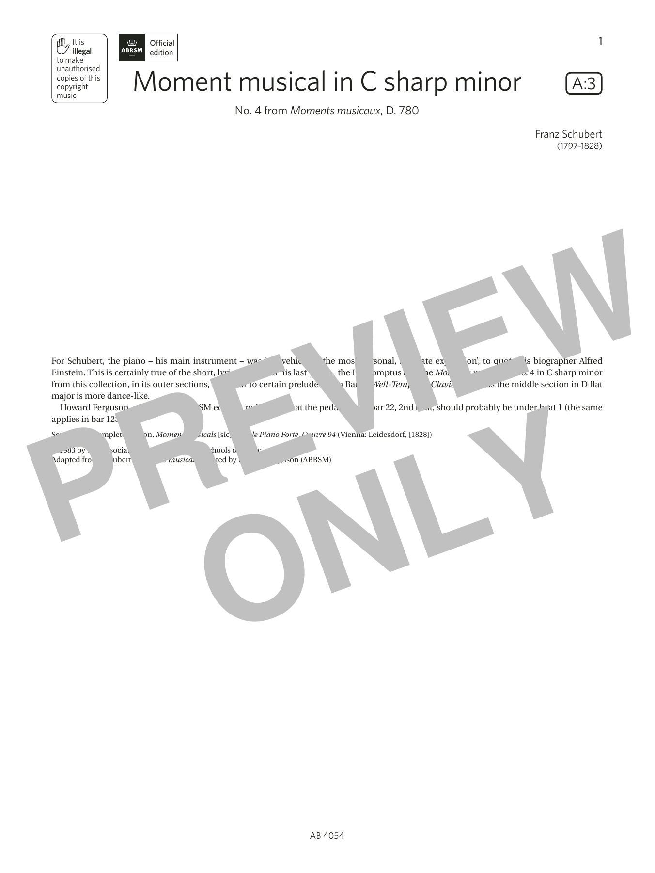 Product picture to: Moment musical in C sharp minor (Grade 8, list A3, from the ABRSM Piano Syllabus 2023 & 2024)