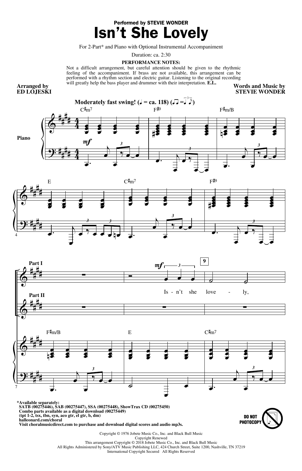 Product picture to: Isn't She Lovely (arr. Ed Lojeski)