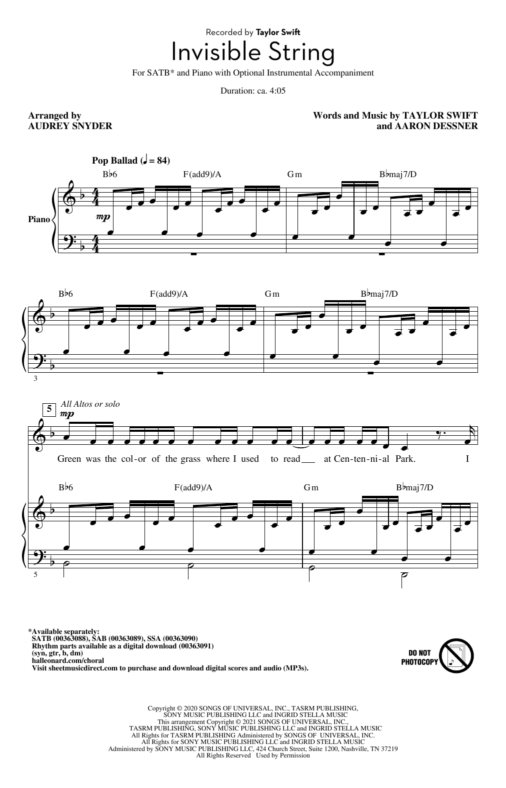 Product picture to: invisible string (arr. Audrey Snyder)