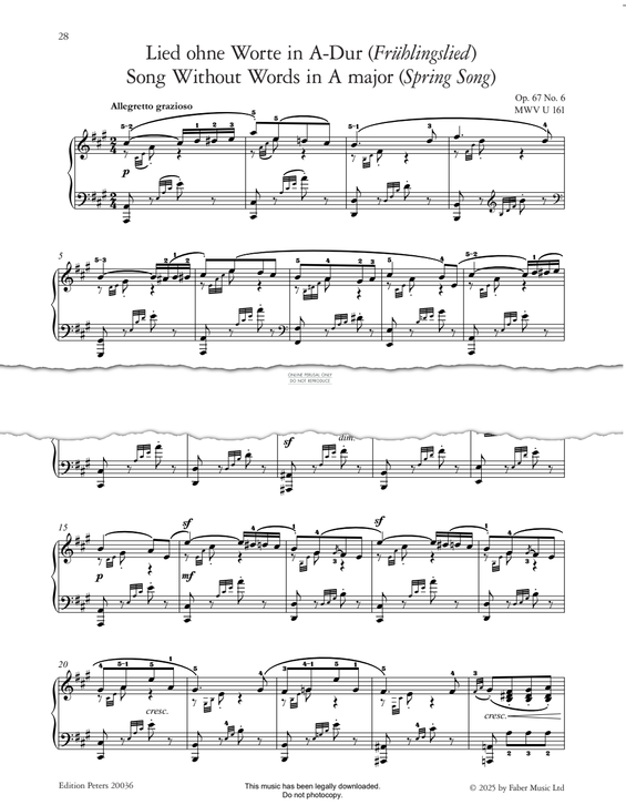 Produktgalerie: Seite 1 von 1 Song Without Words in A Major (Spring Song) Op.62, No.6, Felix Mendelssohn, Klavier