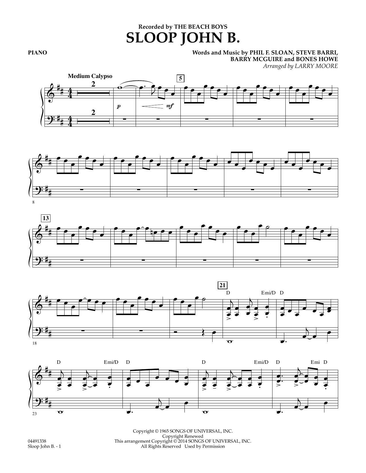 Produktgalerie: Seite 1 von 1 Sloop John B - Piano, Harry Belafonte, Steve Barri, Phil F. Sloan, Bones Howe
