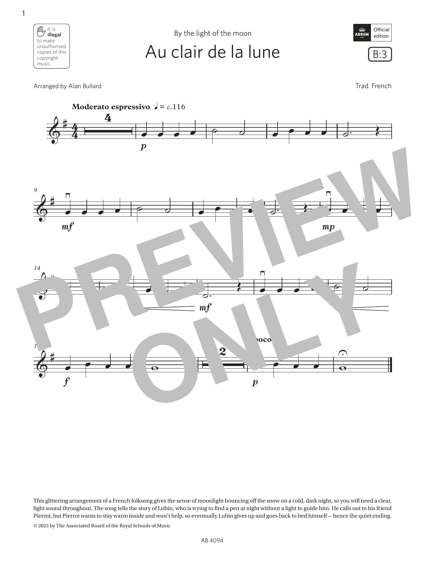 Product gallery: Page 1 of 1 Au clair de la lune (Grade Initial, B3, from the ABRSM Violin Syllabus from 2024), Trad. French