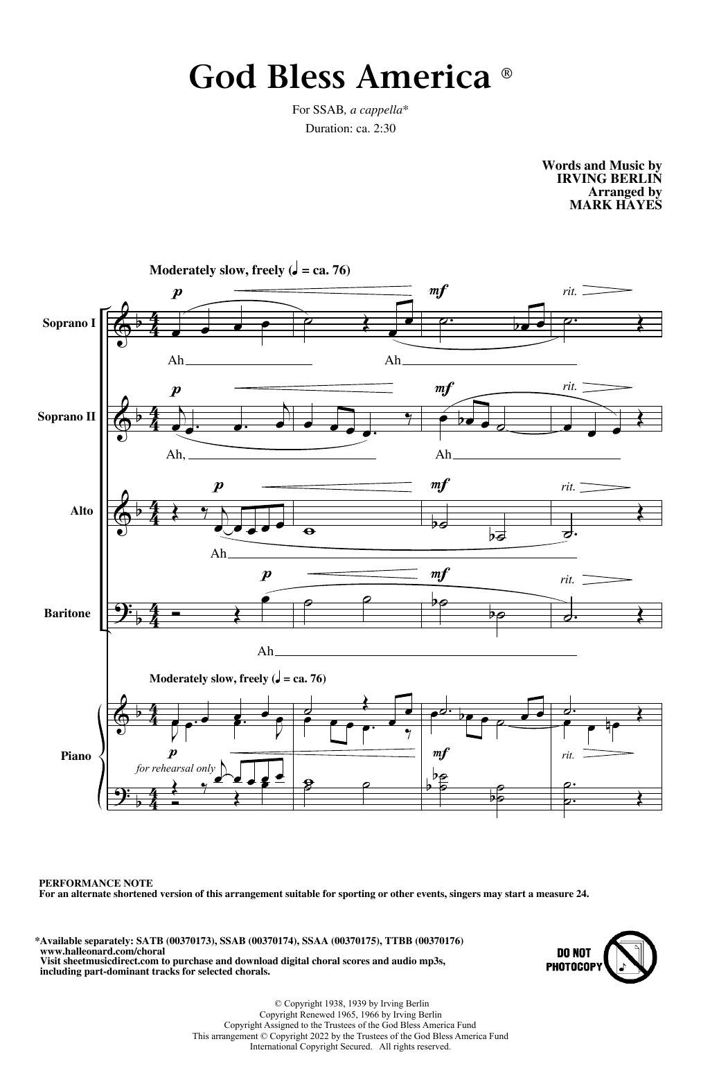 Produktbild zu: God Bless America (arr. Mark Hayes)
