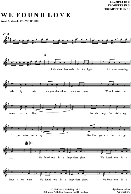 Produktgalerie: Seite 1 von 4 We found love , Rihanna feat. Calvin Harris, Trompete in B