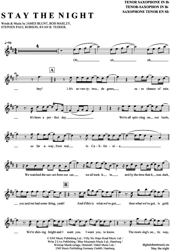 Product gallery: Page 1 of 4 Stay the night , Blunt, James, Tenor Saxophone