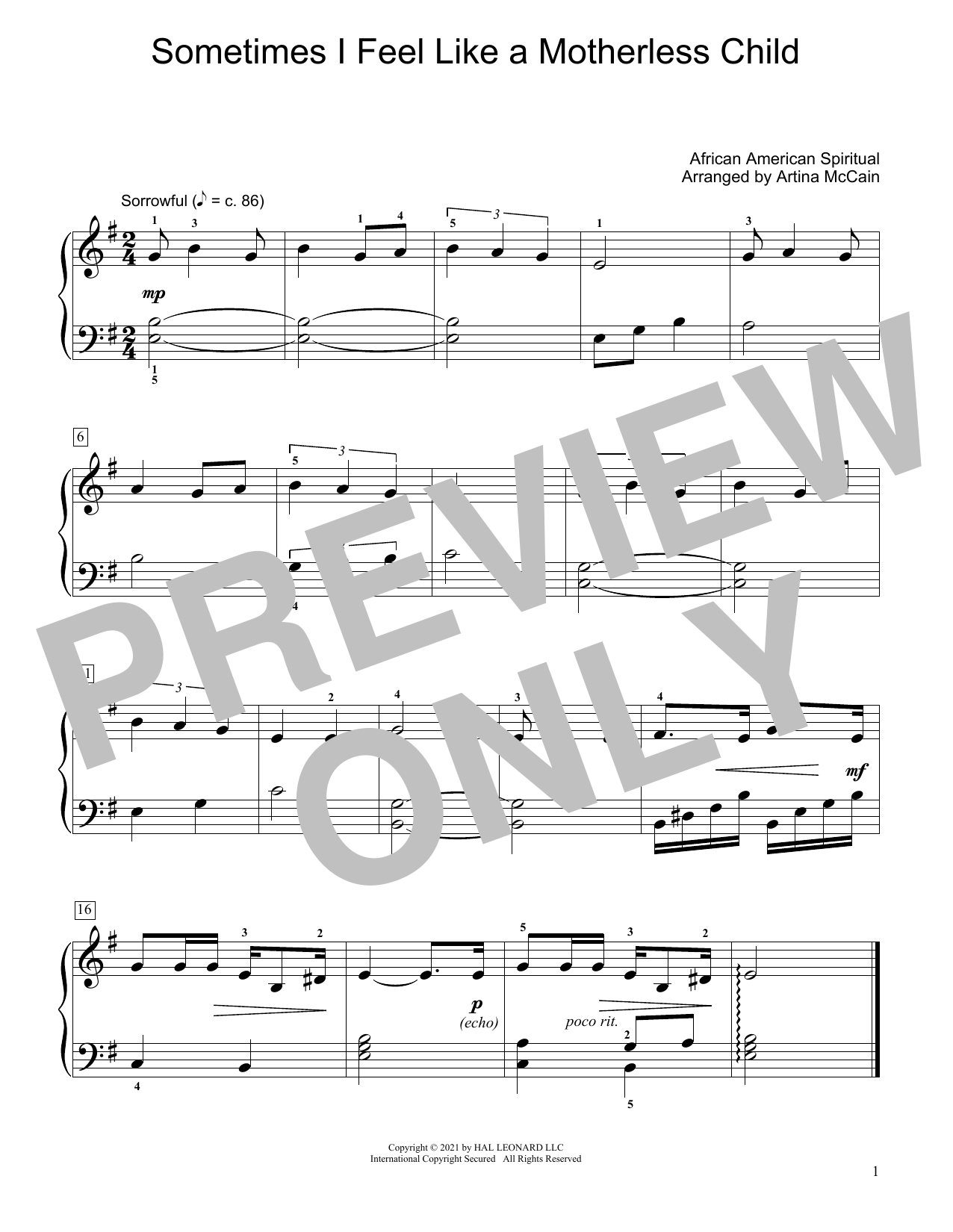 Product picture to: Sometimes I Feel Like A Motherless Child (arr. Artina McCain)