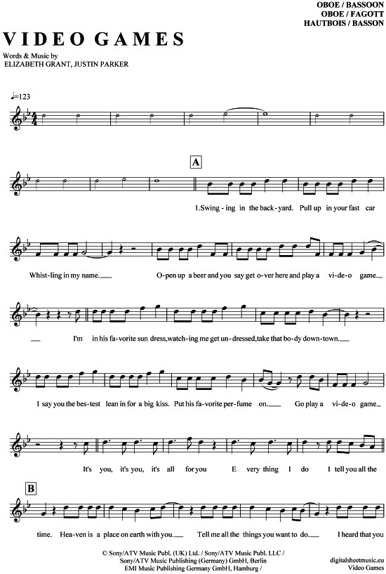 Produktgalerie: Seite 1 von 4 Video Games , Rey, Lana del, (Oboe / Fagott)