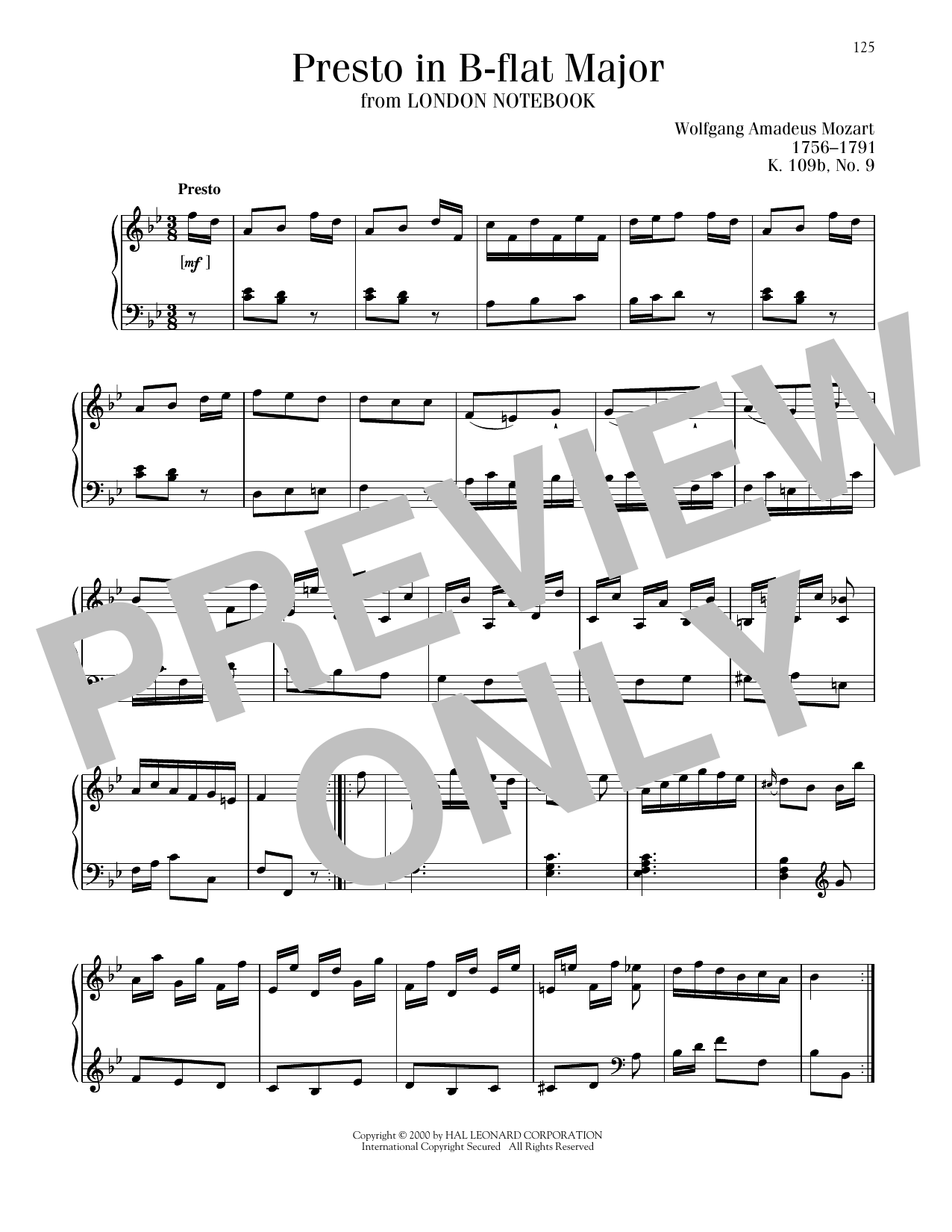 Produktbild zu: Presto In B-Flat Major, K109b, No. 9