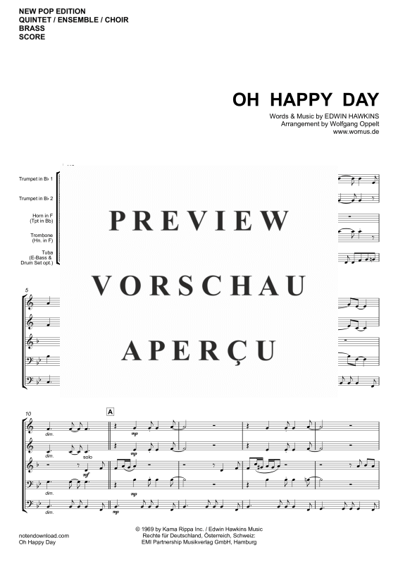 gallery: Oh Happy Day, Edwin Hawkins Singers, Blechbläser Quintett/Ensemble/Chor - E-Bass mit Akkorden & Drum Set opt.