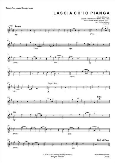 Product gallery: Page 5 of 5 Largo (Rinaldo: Arie der Almirena) , ,  (tenor/soprano saxophone + organ)