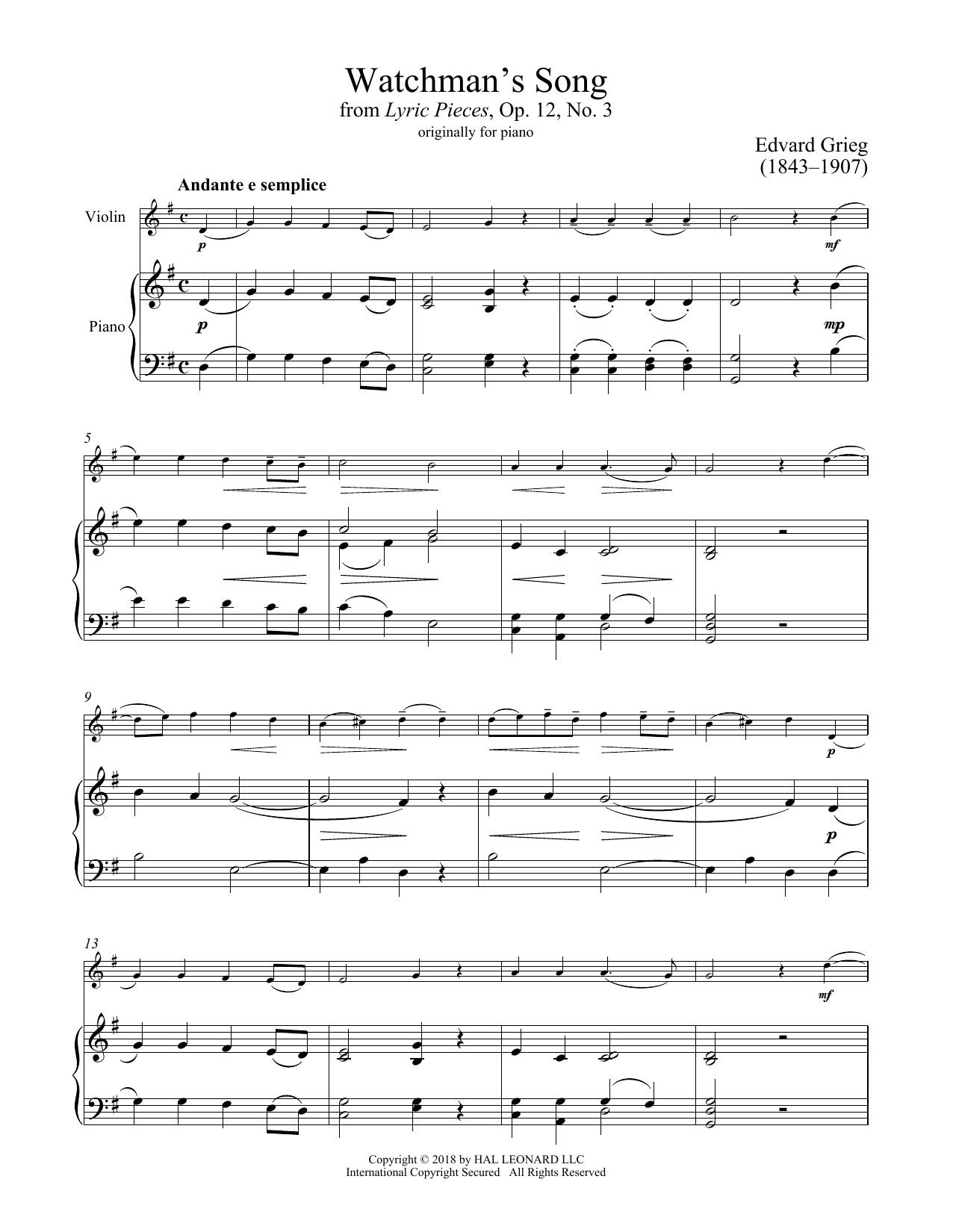 Product gallery: Page 1 of 1 Watchman's Song, Op. 12, No. 3, Edvard Grieg