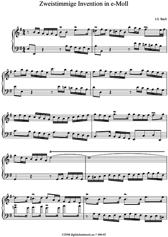 Produktbild zu: Zweistimmige Invention in e-Moll BWV 778 J.S. Bach (1685-1750)