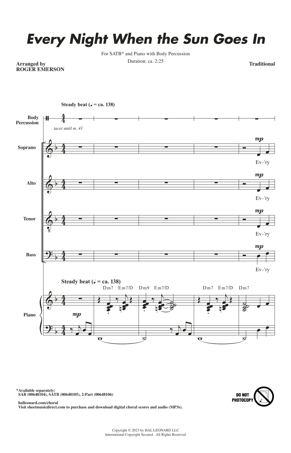 Product picture to: Every Night When The Sun Goes In (arr. Roger Emerson)