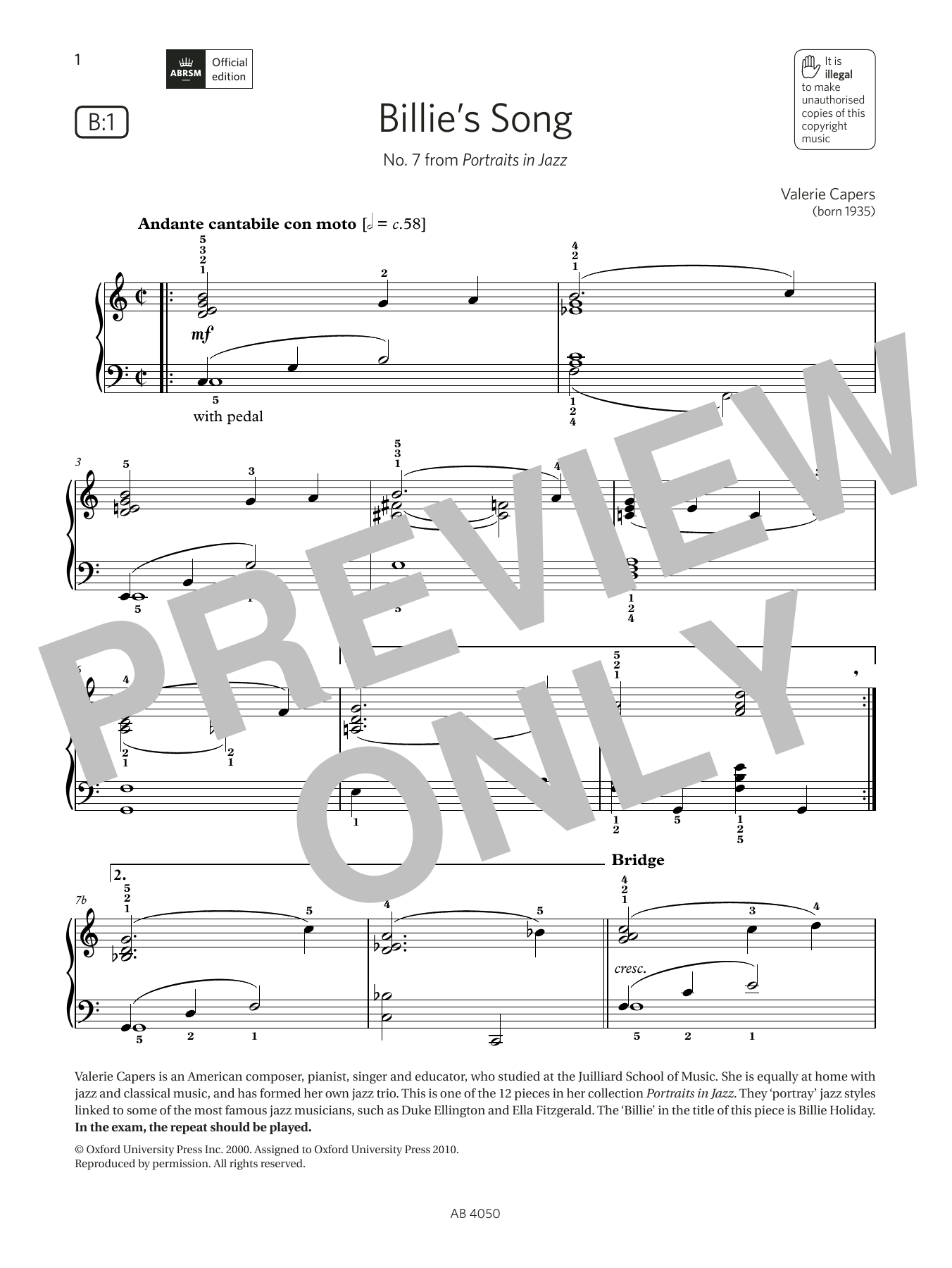 Produktbild zu: Billie's Song (Grade 4, list B1, from the ABRSM Piano Syllabus 2023 & 2024)