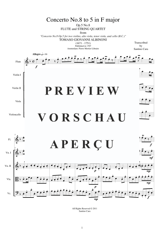 Produktgalerie: Seite 2 von 11 Concerto No.8 to 5 in F-Dur Op.5, , Querflöte Solo und Streicher Ensemble