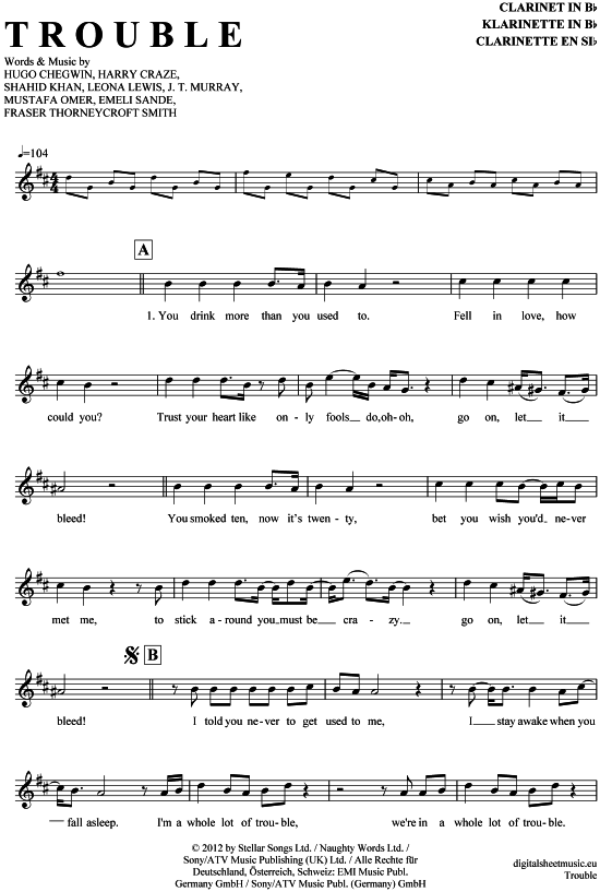 Product gallery: Page 1 of 4 Trouble , Lewis, Leona, Clarinet in B-flat