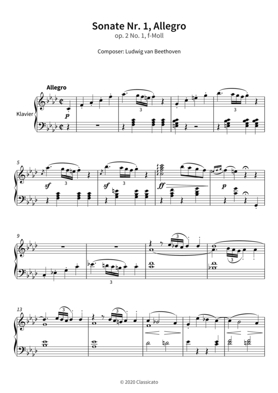 Produktbild zu: Sonate Nr. 1, Allegro - op. 2 No. 1, f-Moll Ludwig van Beethoven