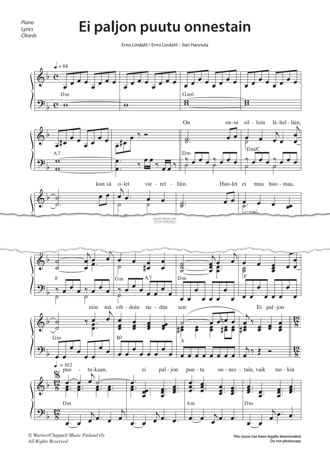 Produktgalerie: Seite 1 von 1 Ei paljon puutu onnestain, , Gesang, Gitarre, Klavier