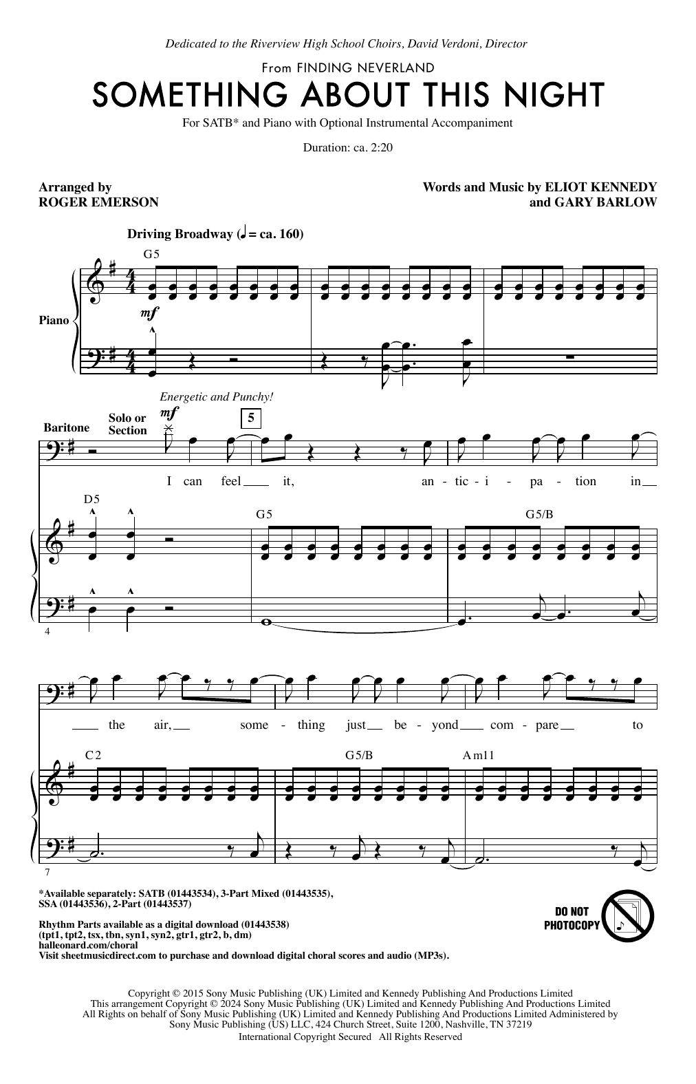 Product picture to: Something About This Night (from Finding Neverland) (arr. Roger Emerson)