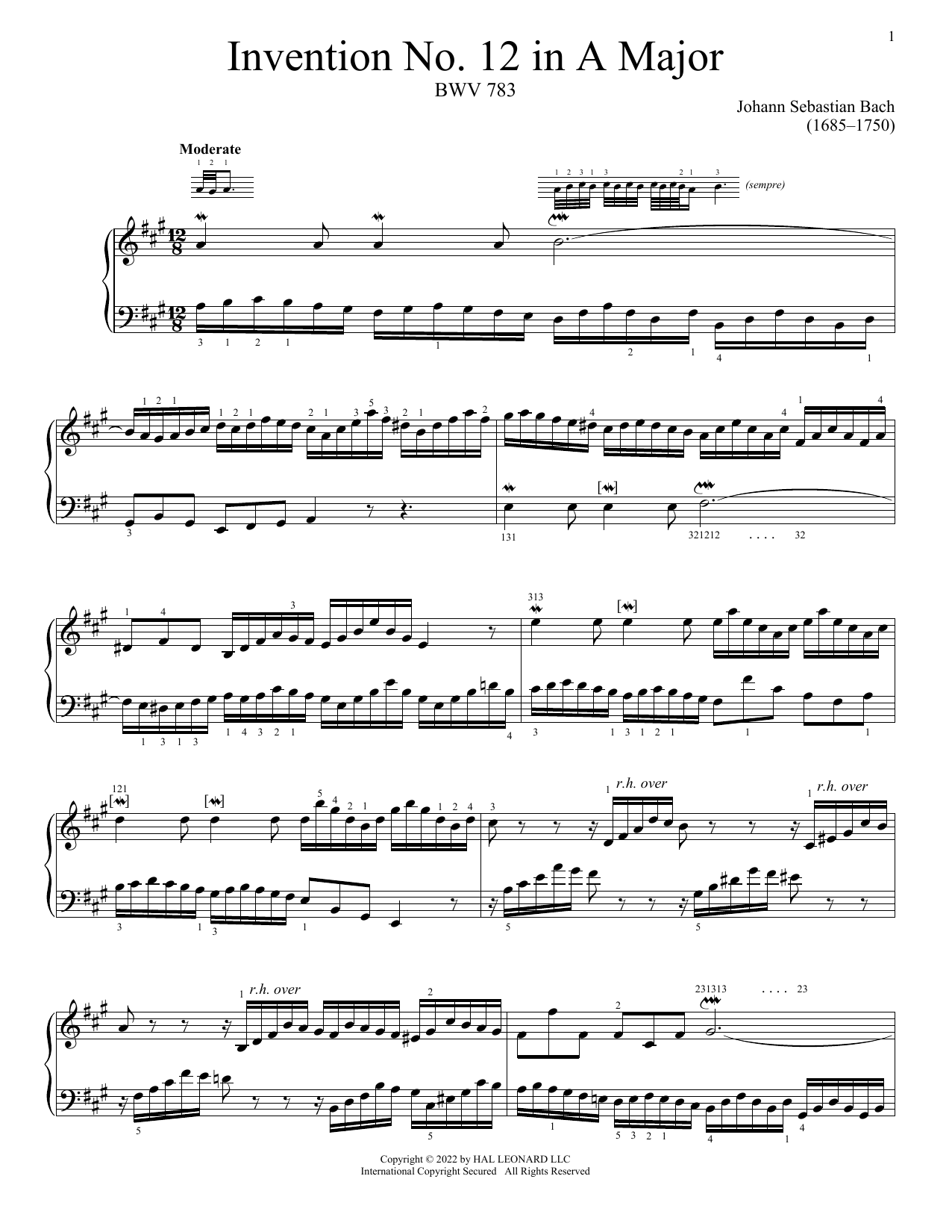 Produktgalerie: Seite 1 von 1 Invention No. 12 In A Major, BWV 783, Johann Sebastian Bach, Klavier