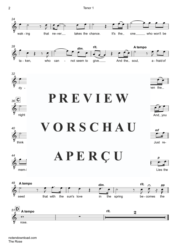 Produktgalerie: Seite 10 von 11 The Rose, Midler, Bette, Männerchor/Ensemble TTB & Klavier/Orgel Violoncello opt. - Single Version