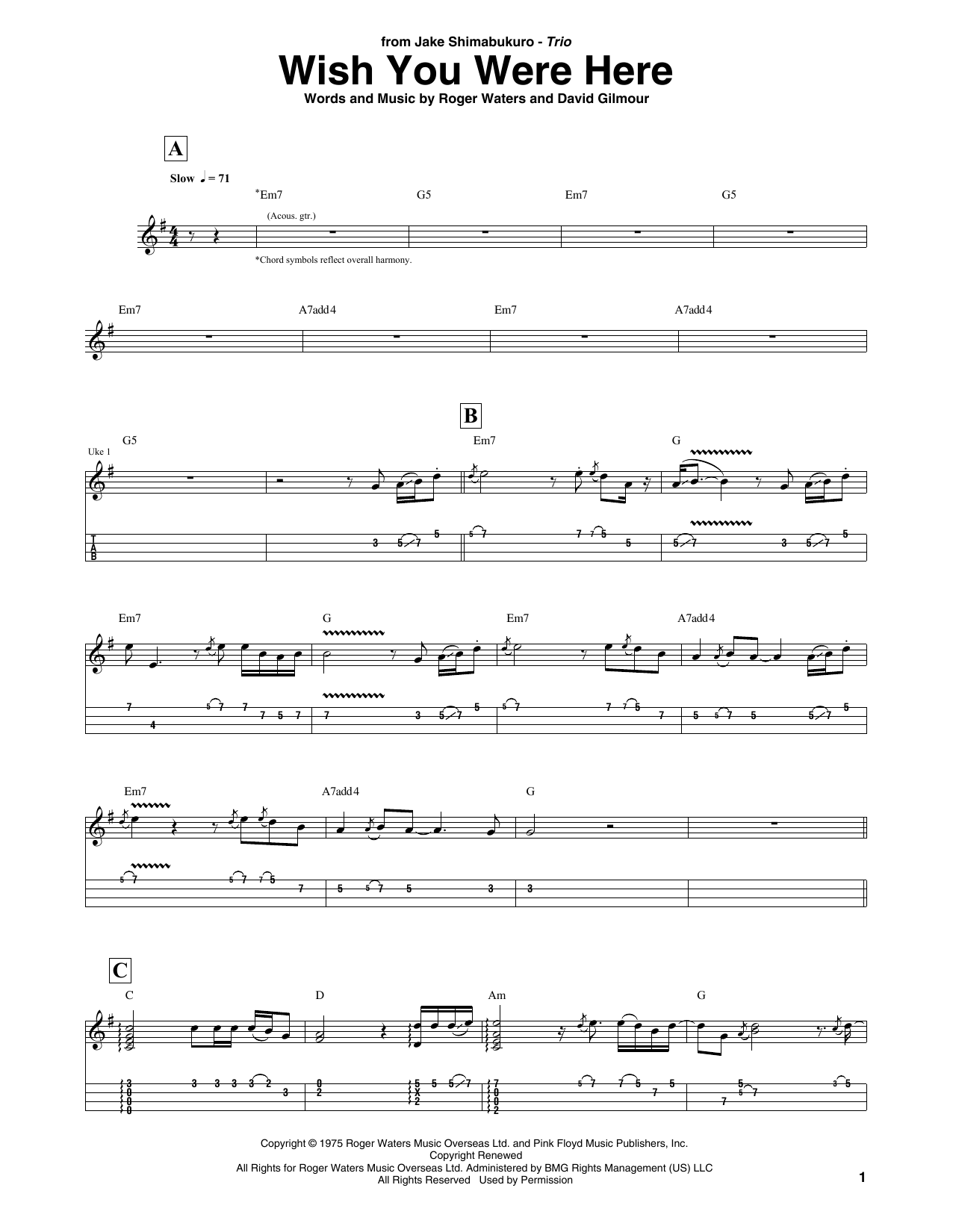 Product gallery: Page 1 of 1 Wish You Were Here (arr. Jake Shimabukuro Trio), Pink Floyd