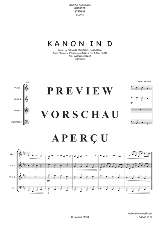 Produktgalerie: Seite 2 von 13 Kanon in D , , (Streicher Quartett für 3 Violinen + Violoncello)